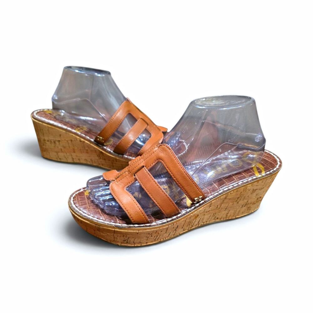 Sam Edelman Regis Tan Brown Leather Cork Wedge Slide Sandals Size 10